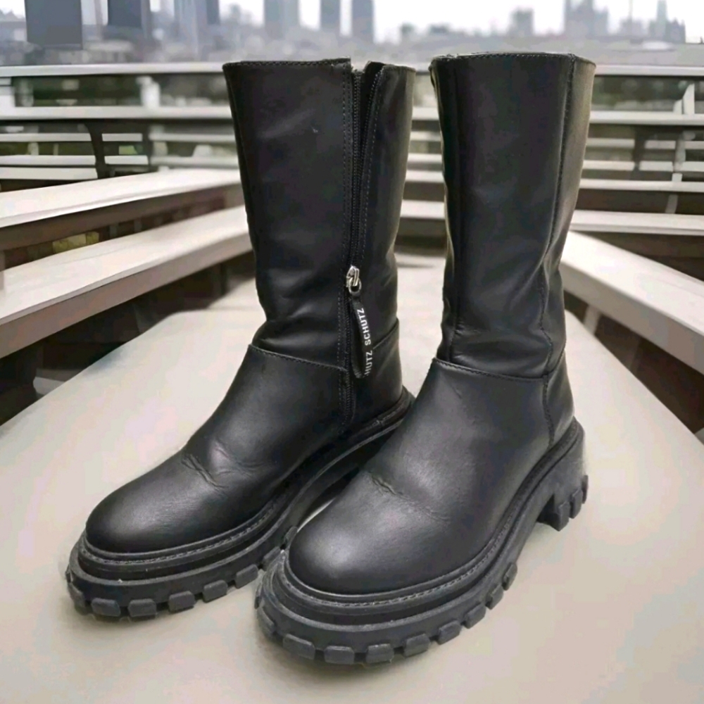 Schutz Women's Leather Booties Boots Combat Black Zipper Size USA 5 B.